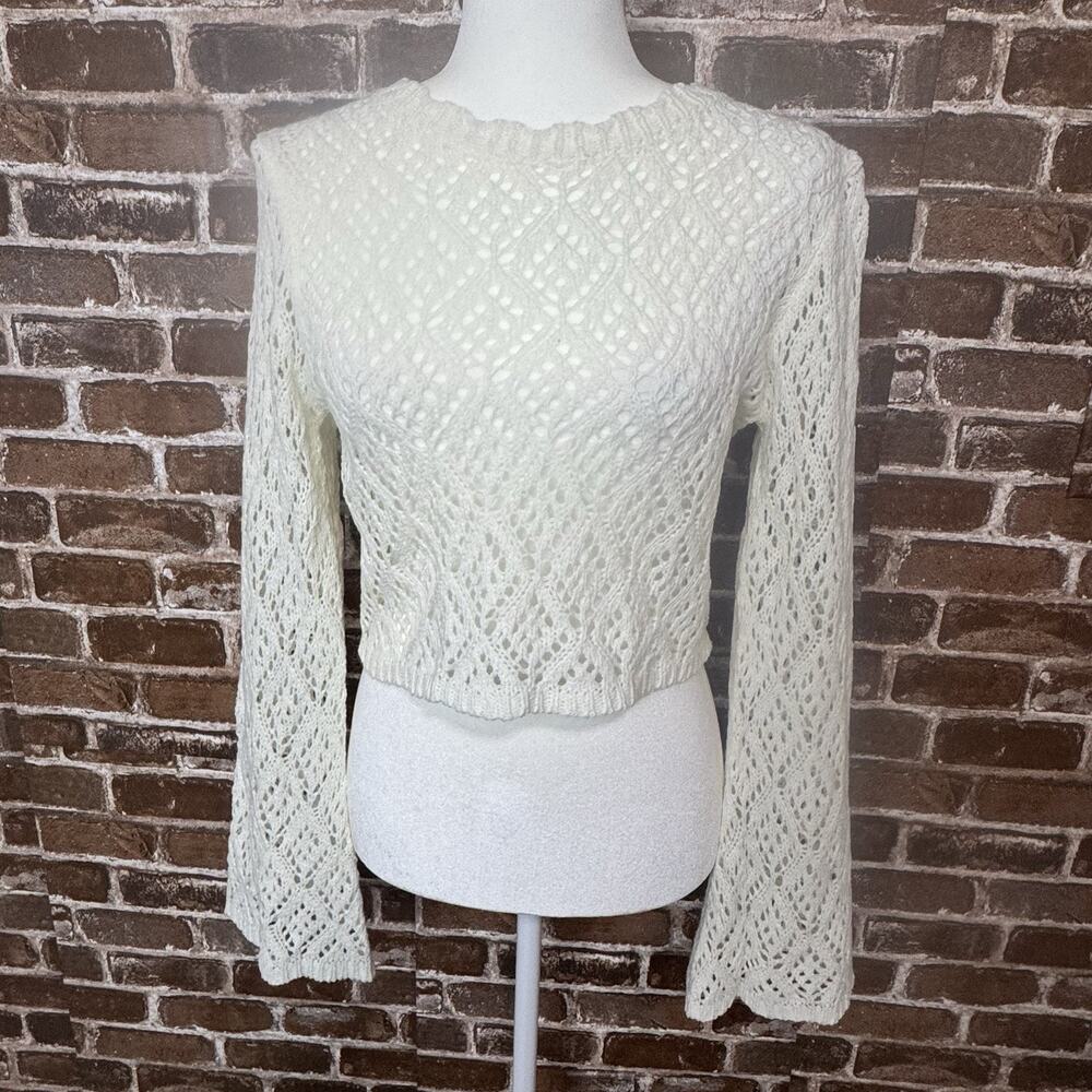 Lizette Collection White Cream Flared Sleeve Crop Top Knit Sweater Women's L